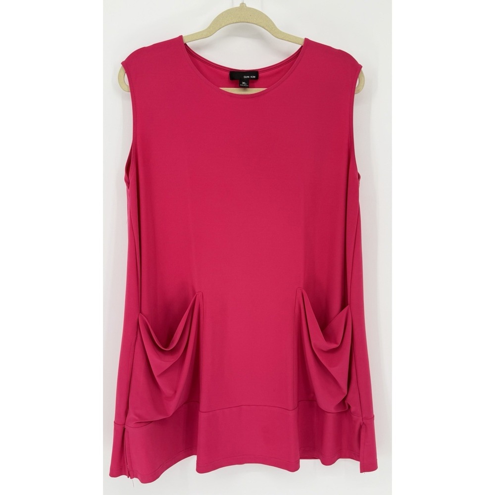 Sun‎ Kim Pink Sleeveless Tunic Pockets Size XL Poly Spandex Flowy Modern Chic